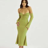 Green Mesh Strapless Lace Up Midi Dress For Women Robe Summer New Long Sleeve Zipper Backless Long Dress