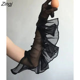 Fashion Elegant Women's Long Gloves New Solid Color Gauze Ruffles Patchwork White Mittens Female Tide Summer 2023