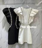 2022 Summer New Arrival Short Puff Sleeve O Neck High Waist Hollow Out Mini Dress Women