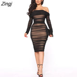 Mesh Sheer Off Shoulder Midi Party Dress Women Spring Elegant Long Sleeve Ruched Bodycon Dresses White Backless