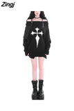 Neck American Retro Thin Sueter Mujer Black Punk Style Cross Pullovers Rivet Off Shoulder Belt Knitted Sweater