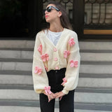 White Short Pink Bow Cardigan- Outfit