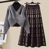 Warm Knitwears 3 Pieces Set For Womens Outfit Korean High Quality Pullover Knitted Sweater+print Pleated Skirts Sets