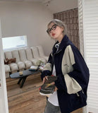 Contrast Color Block Bomber Jacket-Outfit