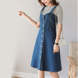 Large Size S-5XL Women Denim Dress Summer High Waist Single Breasted Blue Jeans Suspenders Midi Dress Casual Cotton