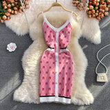 Autumn Women Knitted Dress 2 Piece Set Women Pink Printed Cardigan Coat + Chic Spaghetti Strap Bodycon Dresses