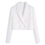 Elegant Ofiice Ladies Tweed White Notched Collar Spring Blazer Za Double Breasted Jacket Women Outerwear Chic Top Crop