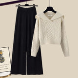 Winter Thick Knit Two Piece Sets Women Outfits Ladies Elegant Twist Knitted Sweater And Wide Leg Pant Sets Women