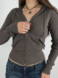 Solid Ribbed Zip Up Drawstring Hooded Long Sleeve Knit- Outfit