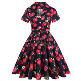 Cotton Retro Vintage Women Dress 50s 60s Short Sleeve Red Floral Print Rockabilly Jurken Large Swing Vestidos Robe