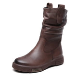 Layer Kraft Mid-Sleet Boots Women Autumn And Winter New Flat Bottom Comfortable Side Zipper Martin Boots Retro Style Horse