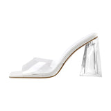 Onlymaker Women Square Toe PVC Slip on Clear High Heels Transparent Summer Concise Casual Party Dress