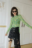 Tie Dye Asymmetrical Mesh Top Green Long Sleeve Blouse Women See Through Ruched Top Hollow Out Transparent