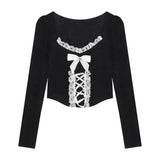 Women's Elegant Long Sleeve Crop Tops Bowknot Lace Patchwork Sweetheart Neckline Spring Fall Casual Slim Fit