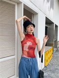 Mesh Red Sleeveless Top Women 2021 Summer Aesthetic Clothes Tie Dye Turtleneck See Through Designer Tank Top