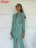Fashion Green Pleated Two Piece Sets Womens Outifits Autumn Long Sleeve Lace-up Blazer With High Waisted Slit Pants