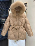 New Real Natural Fox Fur Hooded Winter Coat Belts Women 90% White Duck Down Jacket Thickened Warmth Waterproof
