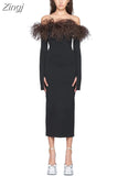 Off Shoulder Long Sleeve Feather Bandage Dress Women Black Slash Neck Strapless Bodycon Midi Dress Evening Party Club