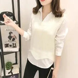 and Autumn Solid Color V-neck Short Wave Edge Edge Sleeveless Knitted Bottoming Sweater Vest Pullover and White