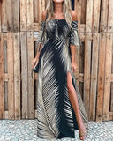 Sexy Women Summer Dress Off Shoulder Smoked Cutout Leaf Print Slit Dress Casual Maxi Dress Chic Party Long