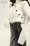 Irregular White Turtleneck Hollow Out Pullover High Waist Knitted Off Shoulder Skew Collar Crop Tops Sweaters Y2k