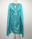 Sparkle Black Sequin Bodycon Mini Dress Vintage Glam Shawl Slit Sleeves Sequined Party Dress Special Occasion