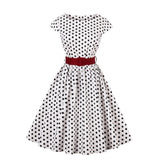 Retro Rockabilly Women O Neck Polka Dot Vintage Dress with Belt A Line Cap Sleeve Black White Plaid Print Pin Up