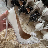 nude 12cm extreme high heels women shoes with bow rivets black red pointed toe shallow women pumps plus size MD002