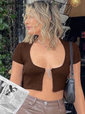 Women Chain Solid Cropped Top Hollow Out Sexy Knitted Casual Short Sleeve Square Collar Skinny Streetwear T-shirt