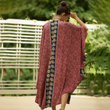 Brown Retro Printed Batwing Sleeve Front Open Kimono Plus Size Women Clothing Casual Long Tops and Blouses Shirts