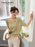 Crochet Knit Top Summer Polo Shirt Women 2022 Green Pink Short Sleeve Top Poloshirt Korean Fashion