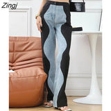 Fashion Women's Jeasn New High Waist Black Blue Wave Spliced Straight Tube Wide Leg Denim Pants Tide Autumn 2023