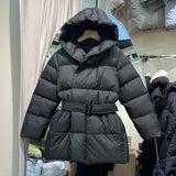 Winter Women's Down Jackets Ultra Light Warm Casual Coat Female Puffer Jacket With a Belt Plus Size Hooded Parka