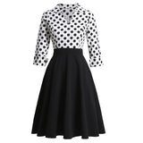 Cotton Women Rockabilly Dress Retro 50s 60s White Black Polka Dot Print Sundress Patchwork 3/4 Sleeve Pin Up Swing