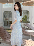 2021 Summer V Neck Short Sleeve Slim Pullover Dress Vintage Print High Waist A Line Vestidos