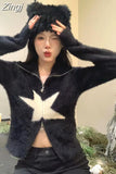 Zippers Vintage Black Y2K High Waist Cardigan Mujer Star American Turn Down Collar Crop Tops Knitted Slim Women