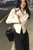 Fit Women White Double Zippers Shirts Turn Down Collar Short Crop Tops High Street Chic Blouse Irregular Length
