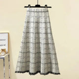 Fall Winter Knitwear Two Piece Sets For Women Outfits French Vintage Fragrance Bow Bandage Knitted Sweater+Plaid Skirt