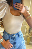 Elegant Short Puff Sleeve T-shirts Tops Women Summer Square Collar Knitted Tees Shirts Solid Basic Ribbed