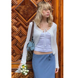 Wind Sweater Knitted U-Neck Hollow Solid-Colored Bow Strap Wearing Long-Sleeved Women's