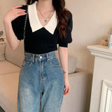 Vintage Knitted Pullover T Shirt Women Sweet Patchwork Puff Short Sleeve Tops Office Elegant Peter Pan Collar Slim