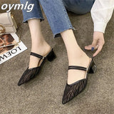 sandals women's 2022 summer new pointed toe thick-heeled Baotou half-word mid-heel sandals and