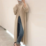 Women Knitted Sweater Spring Autumn Turtleneck Pullovers Loose Fork Knee Long Sleeve Knitted Sweater
