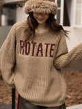 2022 Autumn Winter Women's Retro Sweater Korean Loose Letter O-Neck Office Lady Warm Female Alpaca Wool Tops