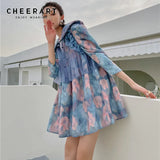 Oil Painting Vintage Blue Spring Dress 2021 Fashion Women Designer Peter Pan Collar 3/4 Sleeve Lilac Babydoll