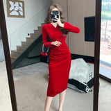 Autumn New V-neck Black Velvet Midi Dresses for Women Korean Elegant Fashion Evening Party Prom Long Sleeve Female