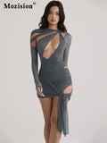 Sexy Two Piece Set For Women Outfits Autumn Hollow Out Full Sleeve Bodysuit And Ruched Mini Skirt Matching Set