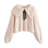 Fashion Women Sweaters Sweet Patchwork Ruffled Knitted Sweater Vintage Peter Pan Collar Pull Femme Winter Pullovers