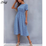 Floral Print Dress Women Summer Dresses 2022 New V Neck Short Sleeve High Waist Blue Midi A-line Dress for office