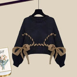 Winter Two Piece Set For Women Outfit Korean Bow Bandage Knitted Pullover Sweaters+ Flower Mesh Patchwork Skirts Sets